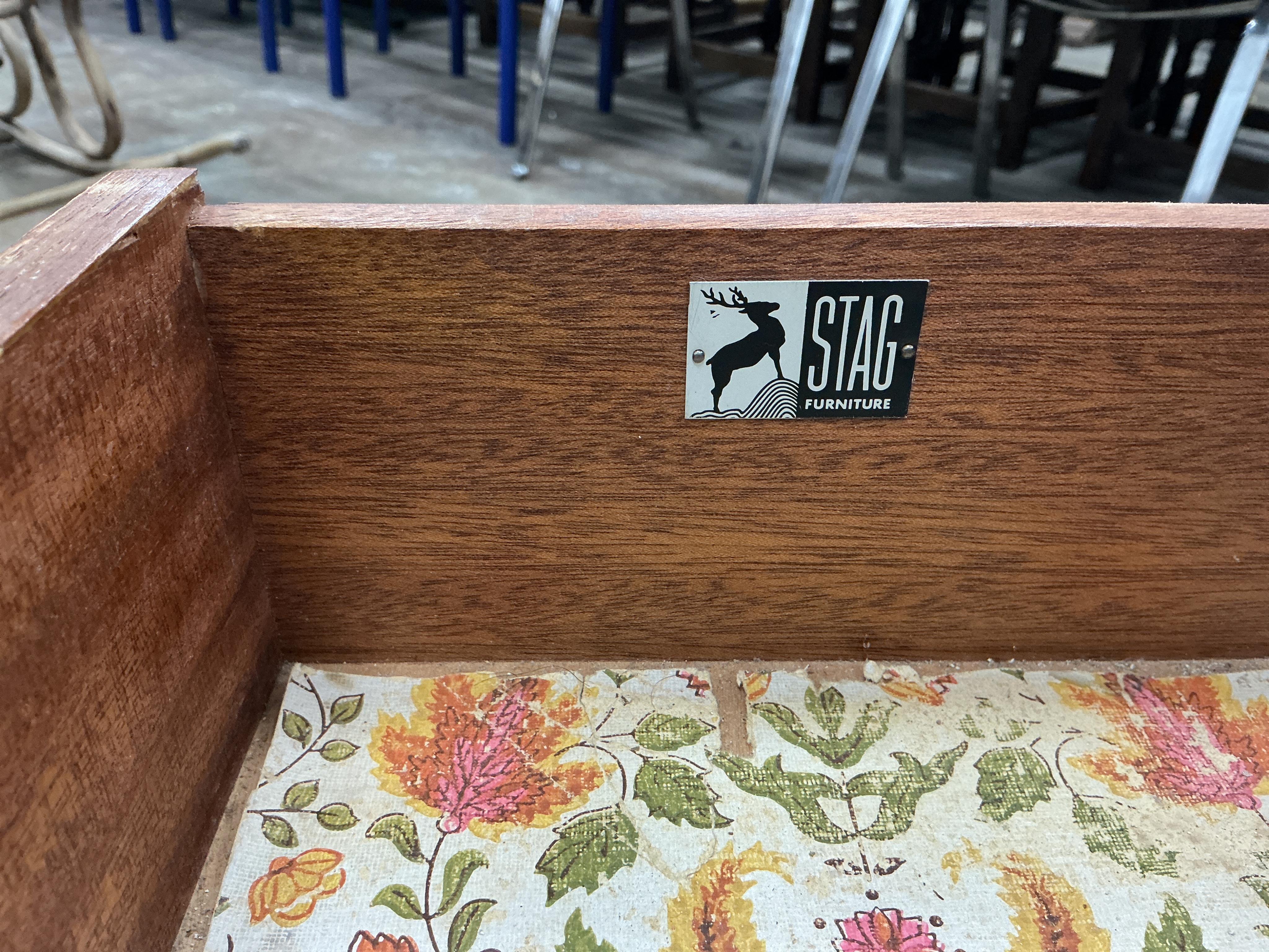 A small mid century Stag teak three drawer chest and a four drawer chest, larger width 80cm, depth 43cm, height 63cm